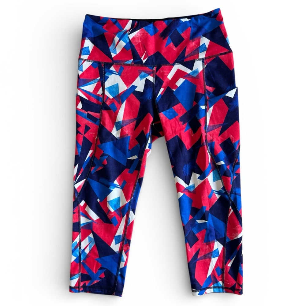 ODODOS High Rise Leggings Geometric Print Pockets Workout Gym Yoga Red Blue L